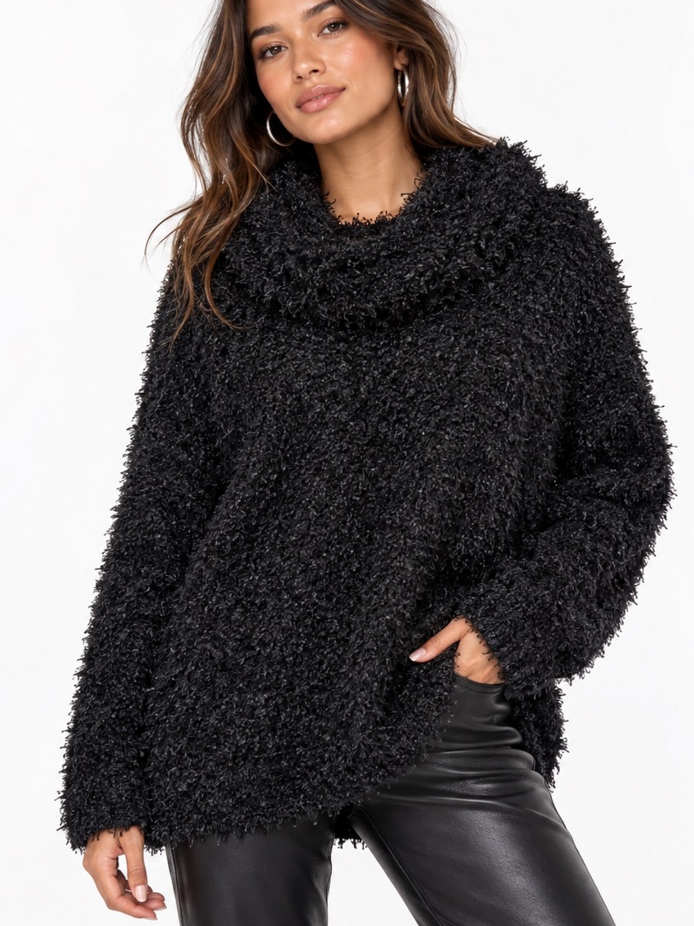 Westbound Vintage Y2K Black Eyelash Knit Cowl Neck Sweater Gothic Grunge Large
